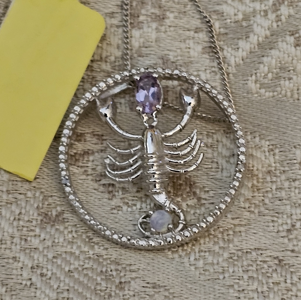 18 inch, Cancer~Crab Astrology Pendant, 925 Silver, Opal/Amethyst, NWT